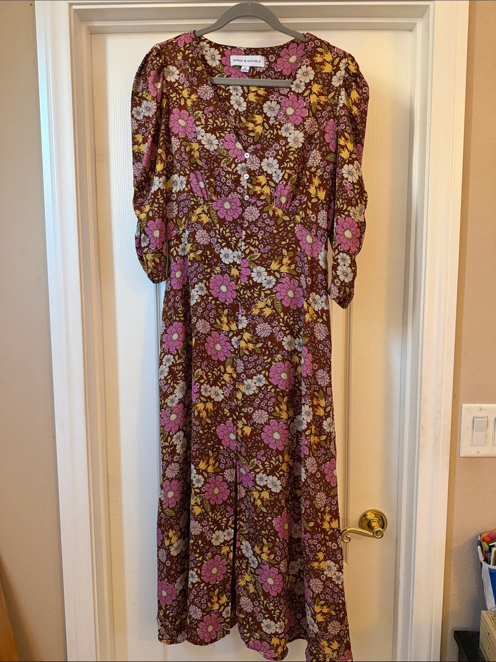 Emma & Michele Brown Maxi Dress with Pink and Yellow Floral Print